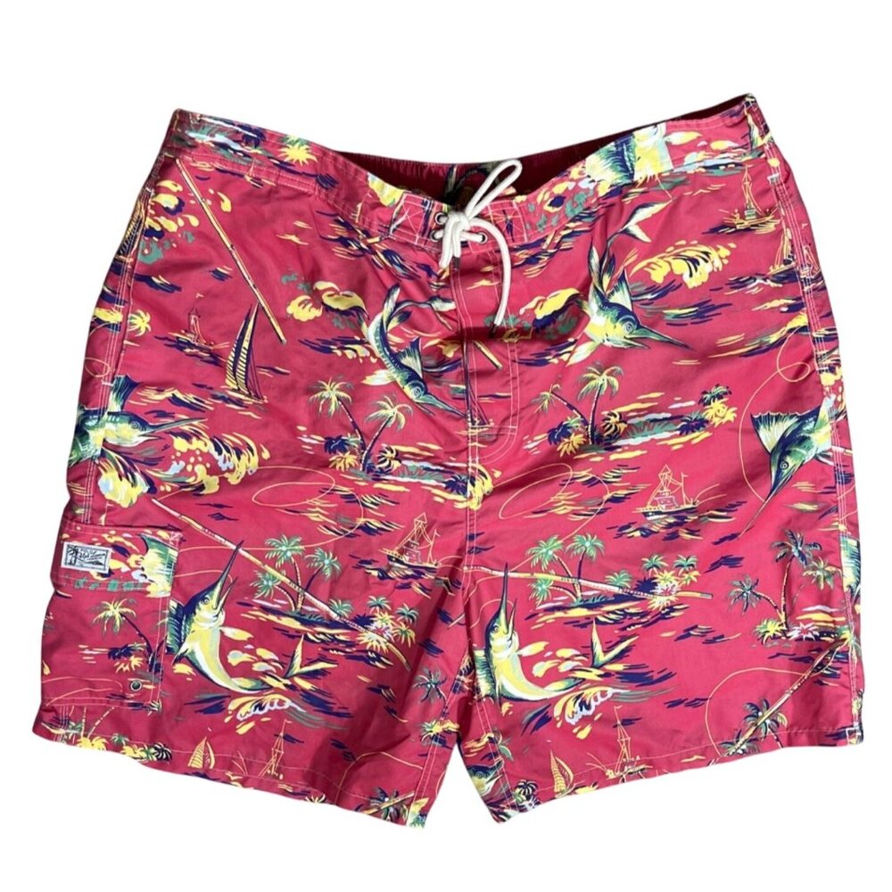 New Polo Ralph Lauren 4XB Big Swim Trunks Shorts Coral Boat Swordfish
